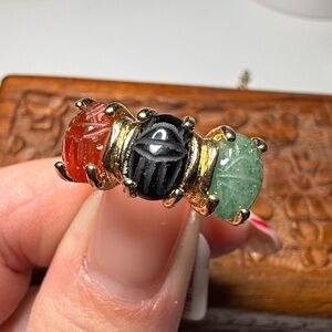 18K Gold Filled Scarab Ring Multi Stone Carved Statement Ring Size 5.25